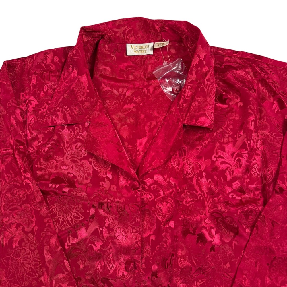 Victoria's Secret Pajama Top Womens P/S Red Jacquard Floral Button Up Vintage - Picture 1 of 10